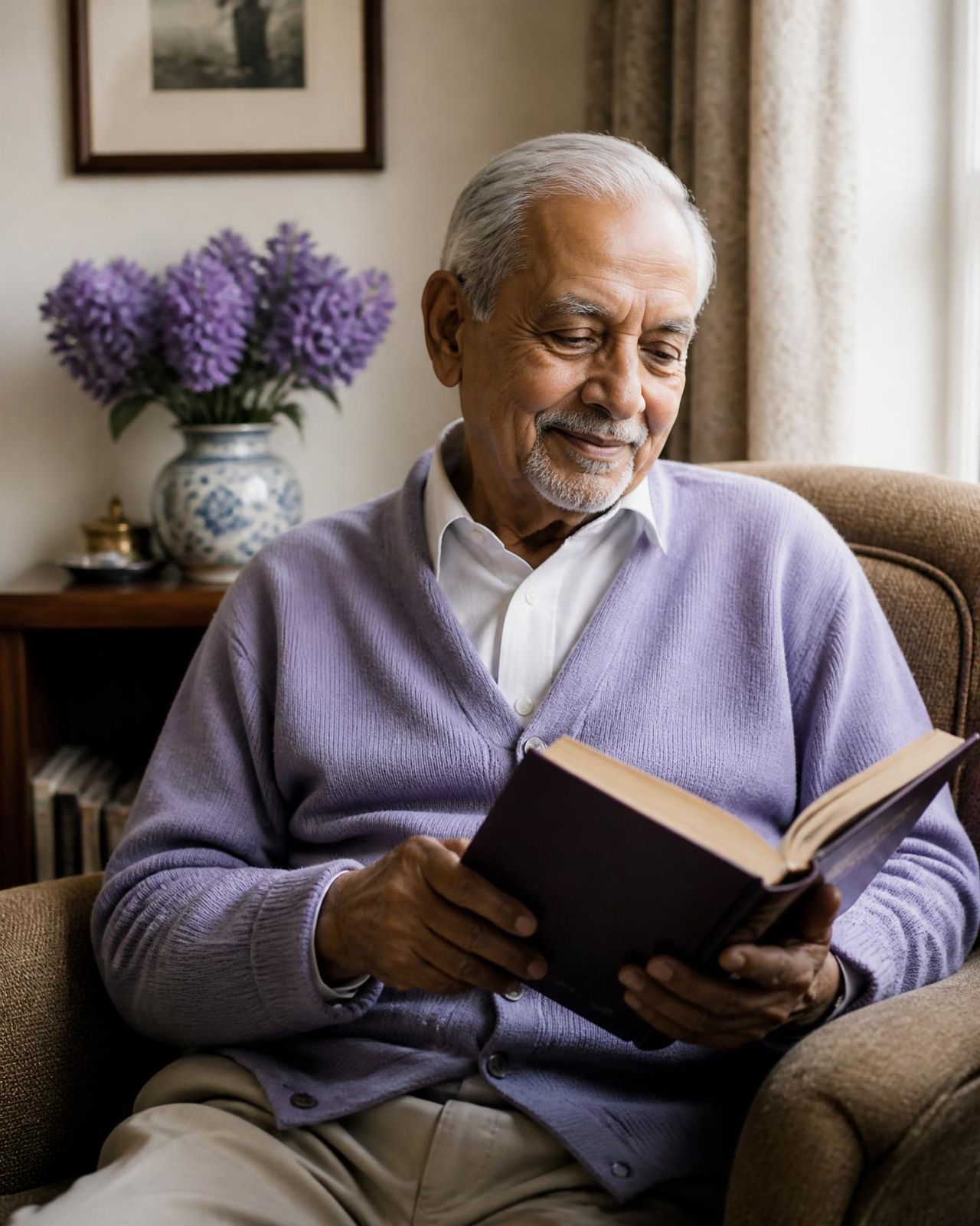 Care management client at home Geriatric care management client reading calmly at home after his care plan was put in place