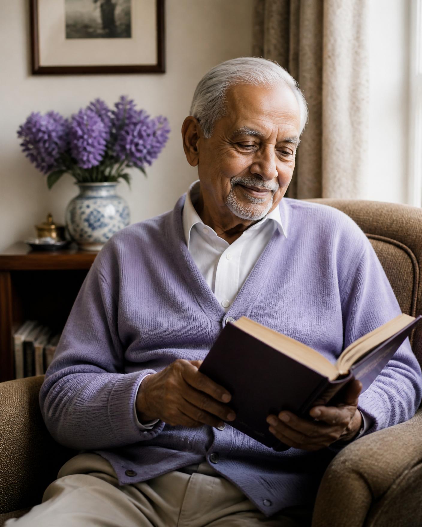 Geriatric care management client at home Geriatric care management client reading calmly at home after his care plan was put in place